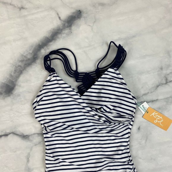Kona Sol One Piece Swimsuit SMALL & XL Womens Navy Stripe Shirred Macrame Strap - Picture 6 of 10